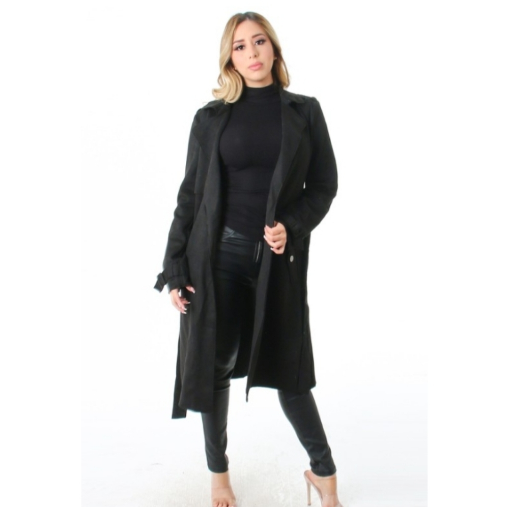 Faux Suede Trench Coat- Black 🖤